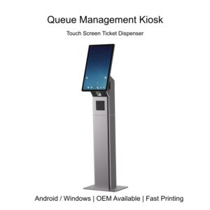 Queue management kiosk with touch screen ticket dispenser for bank and hospital
