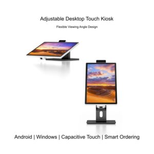 Adjustable desktop touch screen self service kiosk for ordering and payment