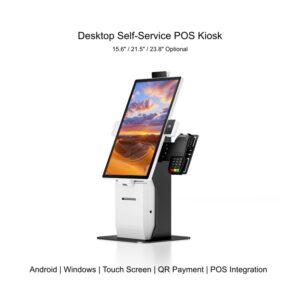 Desktop Android Windows self service POS kiosk with touch screen and payment terminal