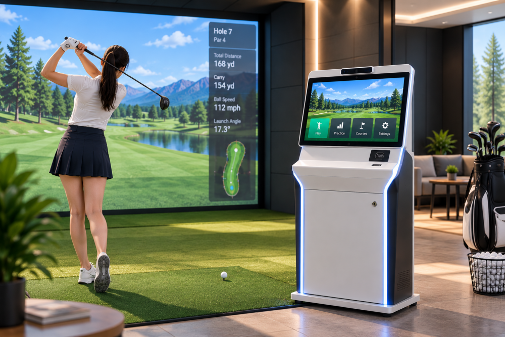 golf simulator touchscreen kiosk in indoor golf facility